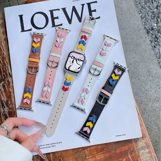 伦本 表带 苹果适用 金属 皮质材质 彩色爱心编绳手表腕带男女通用