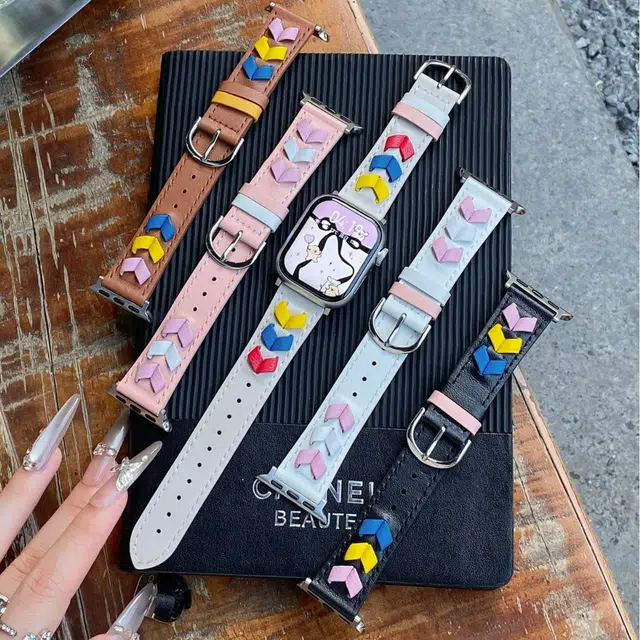 伦本 表带 苹果适用 金属 皮质材质 彩色爱心编绳手表腕带男女通用