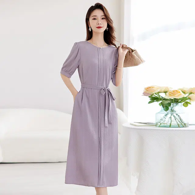 水墨佳人 圆领拼接收腰显瘦中长裙纯色短袖连衣裙 女款