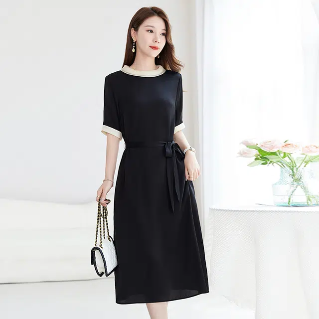 水墨佳人 轻奢桑蚕丝中长款短袖连衣裙 女款