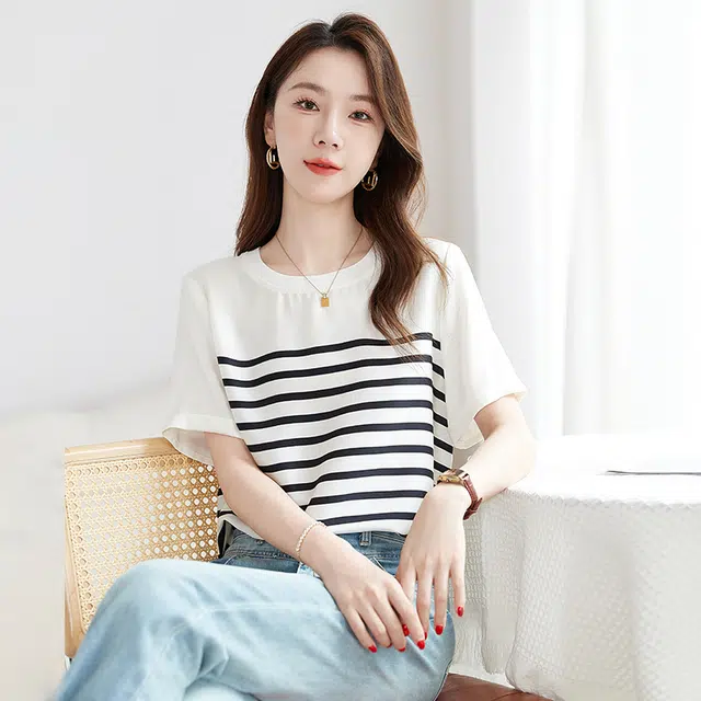 水墨佳人 条纹桑蚕丝舒适轻奢日常通勤短袖衬衫 女款
