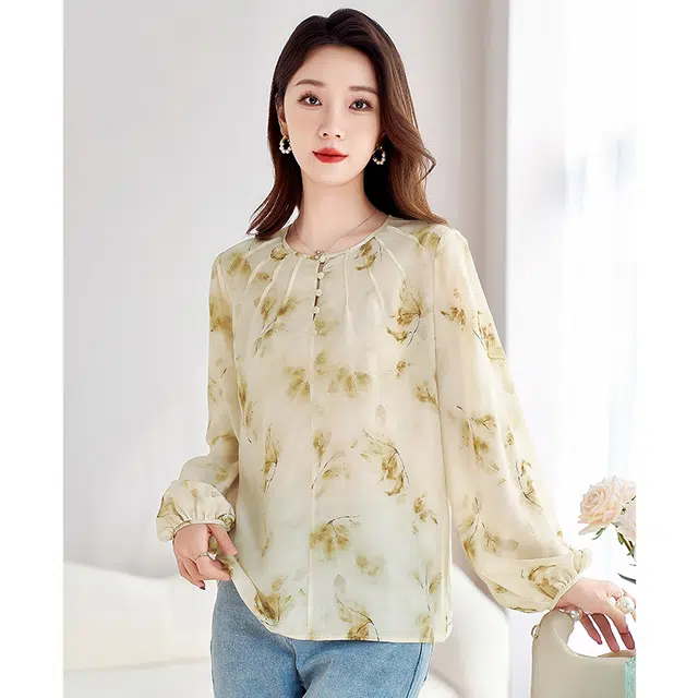 水墨佳人 真丝双绉灯笼长袖衬衫 女款 绿卡色