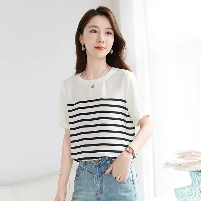 水墨佳人 条纹桑蚕丝舒适轻奢日常通勤短袖衬衫 女款