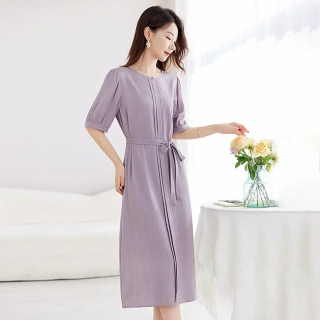 水墨佳人 圆领拼接收腰显瘦中长裙纯色短袖连衣裙 女款