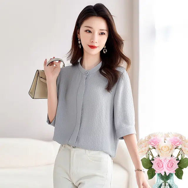 水墨佳人 纯色宽松立领短袖衬衫 女款 高级灰