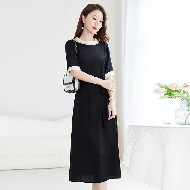 水墨佳人 轻奢桑蚕丝中长款短袖连衣裙 女款