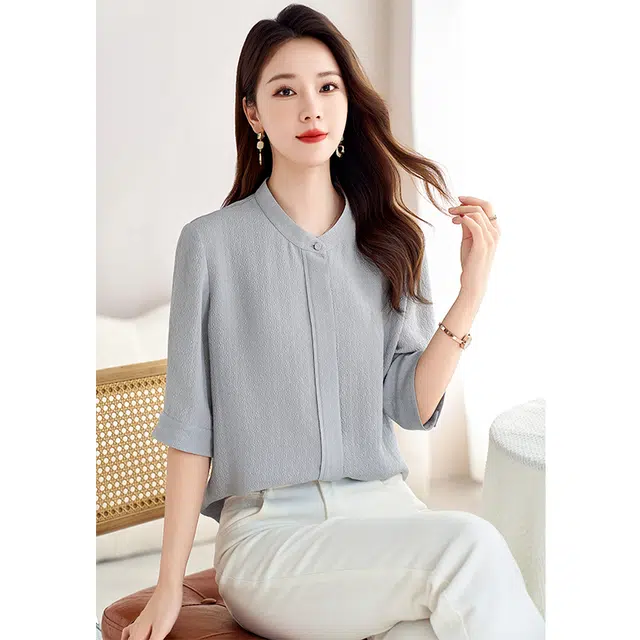 水墨佳人 纯色宽松立领短袖衬衫 女款 高级灰
