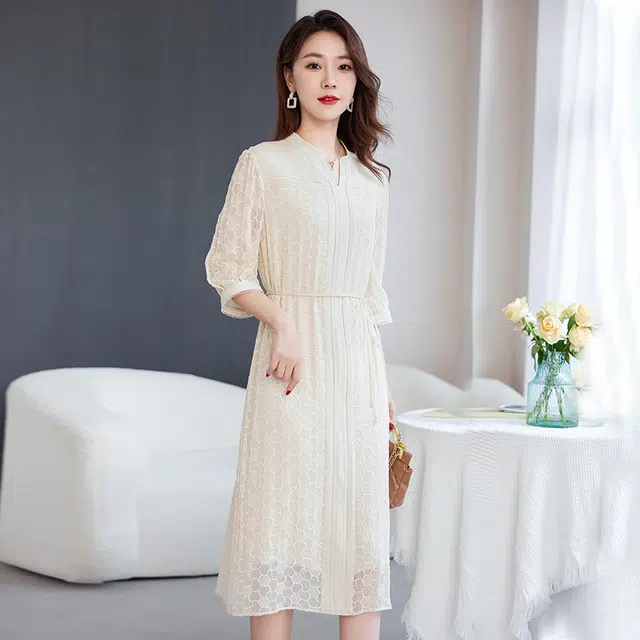 水墨佳人 桑蚕丝绣花时尚中长短袖连衣裙 女款