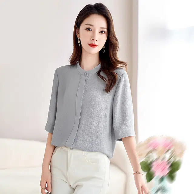 水墨佳人 纯色宽松立领短袖衬衫 女款 高级灰