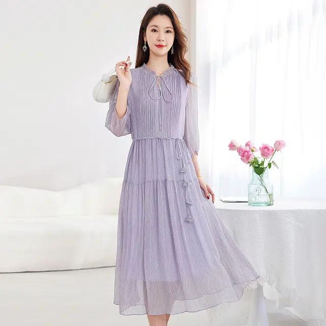 水墨佳人 简约舒适中长款通勤合身五分袖短袖连衣裙 女款