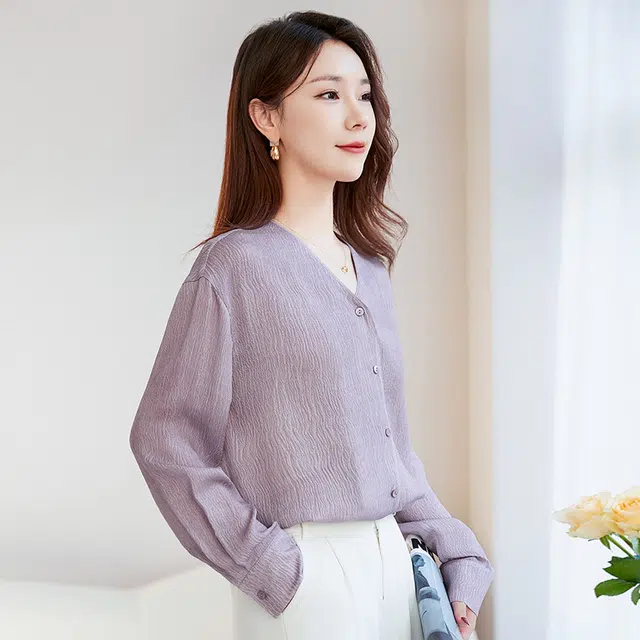 水墨佳人 桑蚕丝长袖泡泡绉衬衫 女款