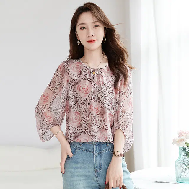 水墨佳人 圆领合身七分袖高级印花长袖衬衫 女款