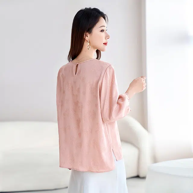 水墨佳人 提花圆领简约七分袖衬衫 女款 桃粉