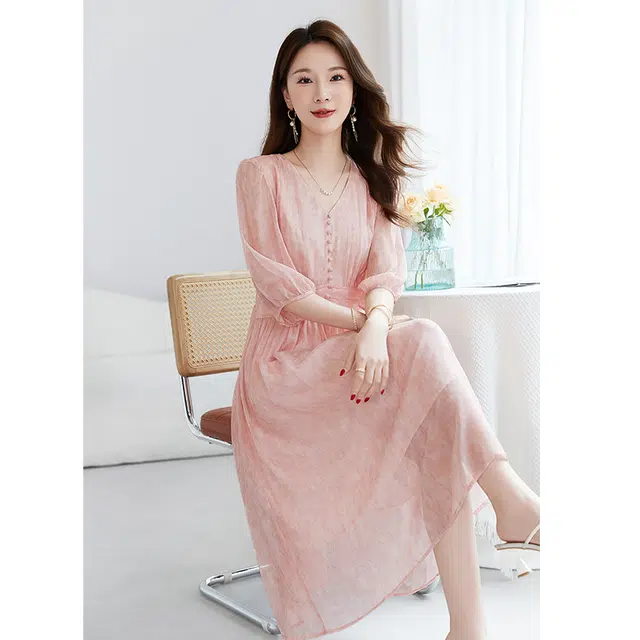 水墨佳人 气质简约舒适通勤五分袖短袖连衣裙 女款