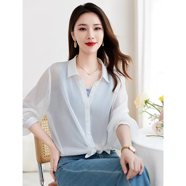 水墨佳人 纯色宽松翻领长袖衬衫 女款