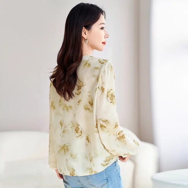 水墨佳人 真丝双绉灯笼长袖衬衫 女款 绿卡色