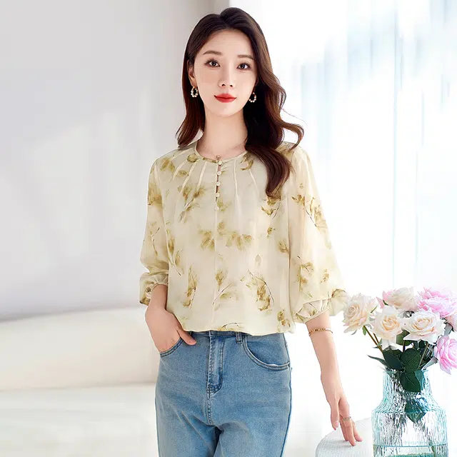 水墨佳人 真丝双绉灯笼长袖衬衫 女款 绿卡色