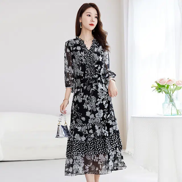 水墨佳人 时尚简约舒适百搭植物花卉短袖连衣裙 女款