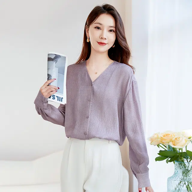 水墨佳人 桑蚕丝长袖泡泡绉衬衫 女款