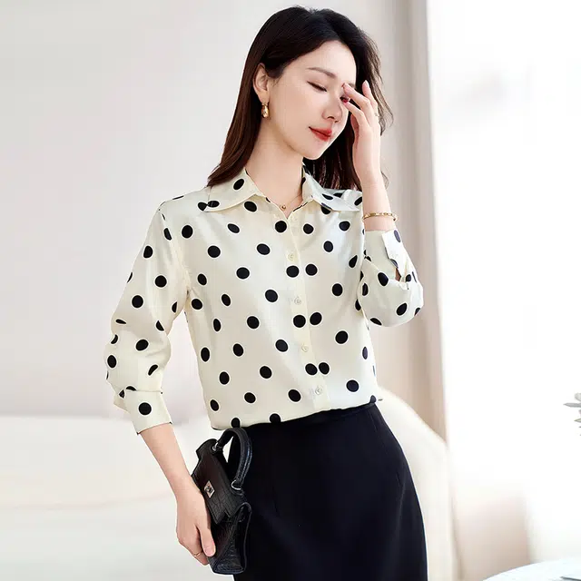 水墨佳人 宽松波点单排多扣圆领短袖开衫衬衫 女款