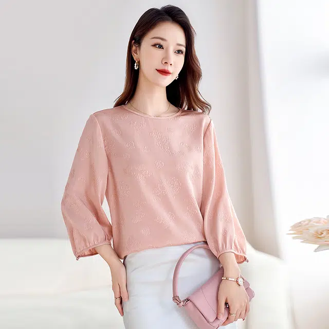 水墨佳人 提花圆领简约七分袖衬衫 女款 桃粉