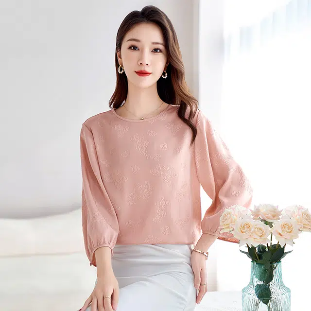 水墨佳人 提花圆领简约七分袖衬衫 女款 桃粉