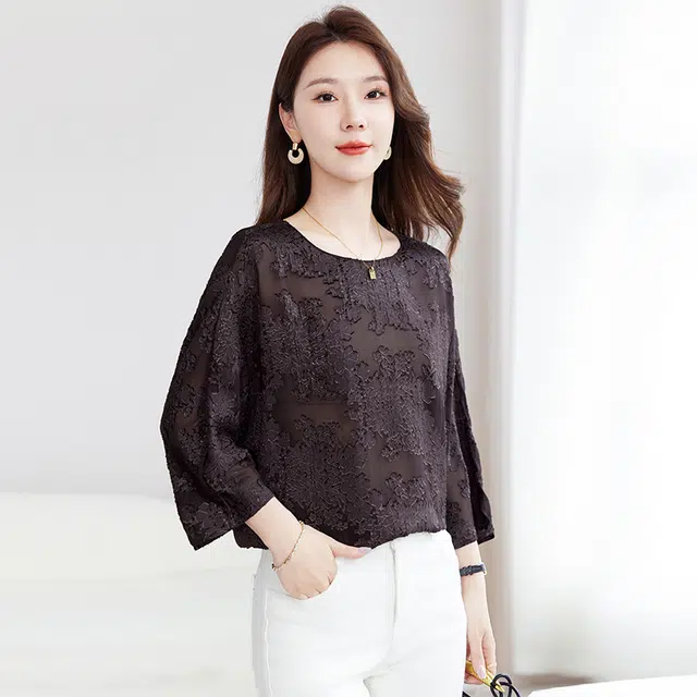 水墨佳人 提花真丝舒适百搭休闲上衣短袖衬衫 女款