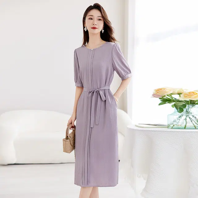 水墨佳人 圆领拼接收腰显瘦中长裙纯色短袖连衣裙 女款