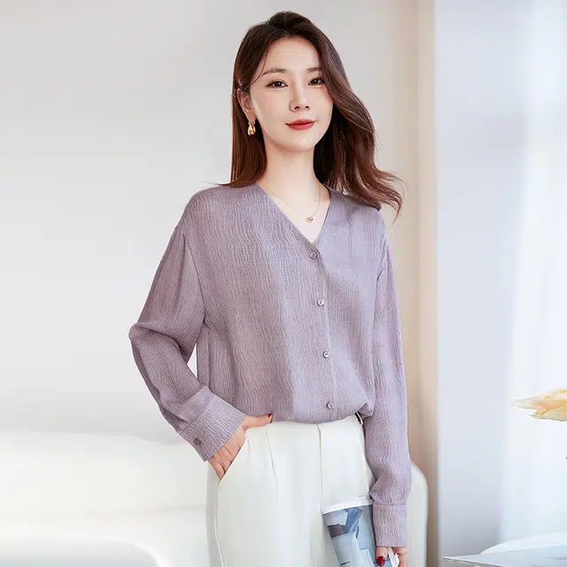 水墨佳人 桑蚕丝长袖泡泡绉衬衫 女款