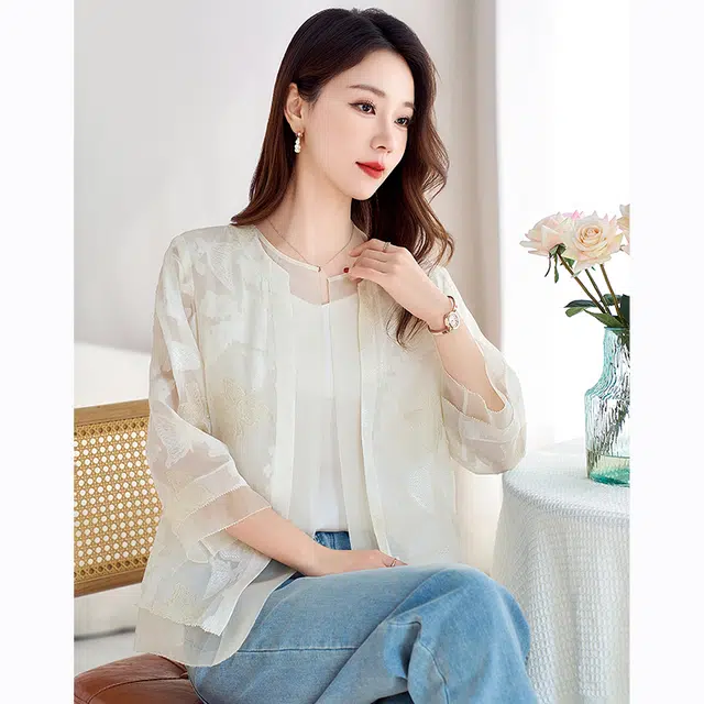 水墨佳人 桑蚕丝真丝乔其剪花开衫轻薄截短上衣 女款 白色