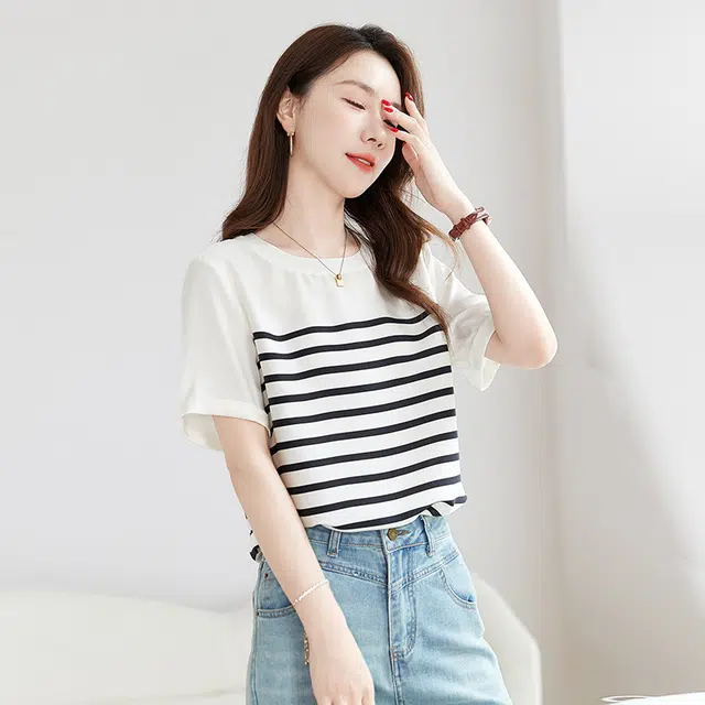 水墨佳人 条纹桑蚕丝舒适轻奢日常通勤短袖衬衫 女款