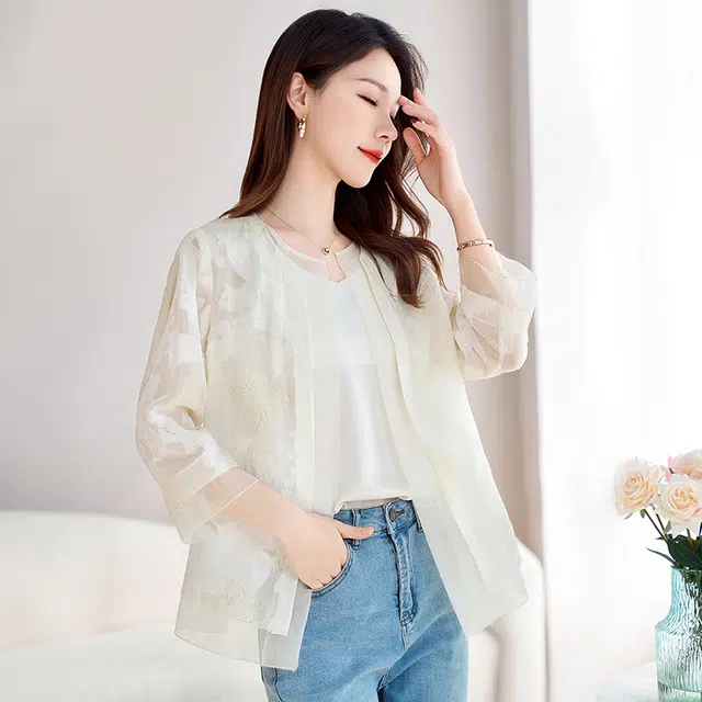 水墨佳人 桑蚕丝真丝乔其剪花开衫轻薄截短上衣 女款 白色