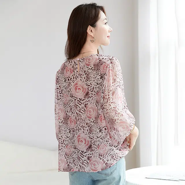 水墨佳人 圆领合身七分袖高级印花长袖衬衫 女款