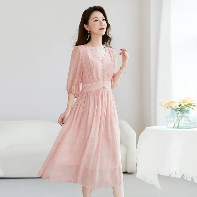 水墨佳人 气质简约舒适通勤五分袖短袖连衣裙 女款