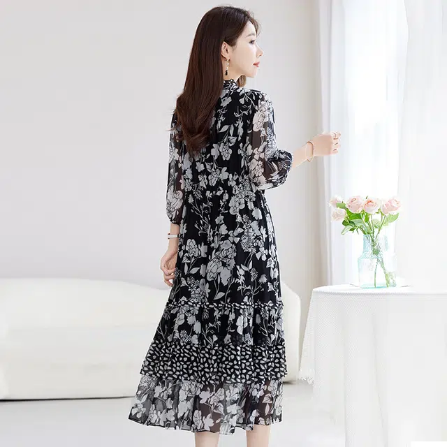 水墨佳人 时尚简约舒适百搭植物花卉短袖连衣裙 女款