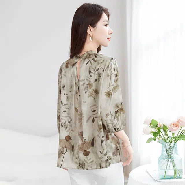 水墨佳人 妈妈装印花洋气国风短袖衬衫 女款