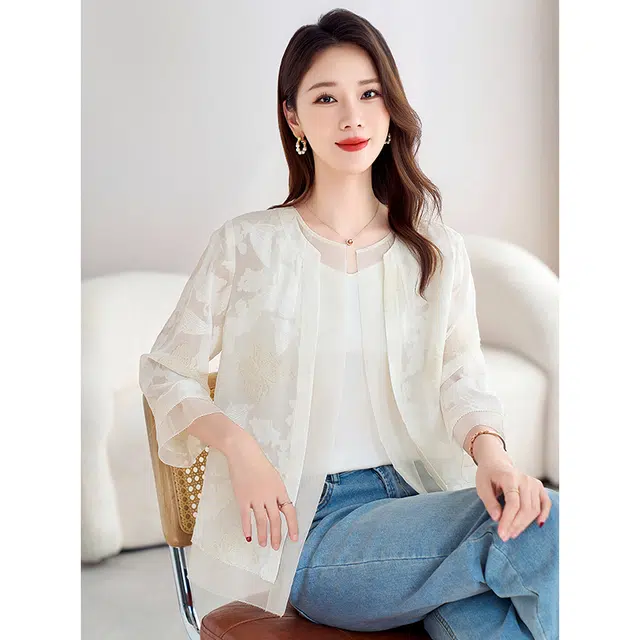水墨佳人 桑蚕丝真丝乔其剪花开衫轻薄截短上衣 女款 白色
