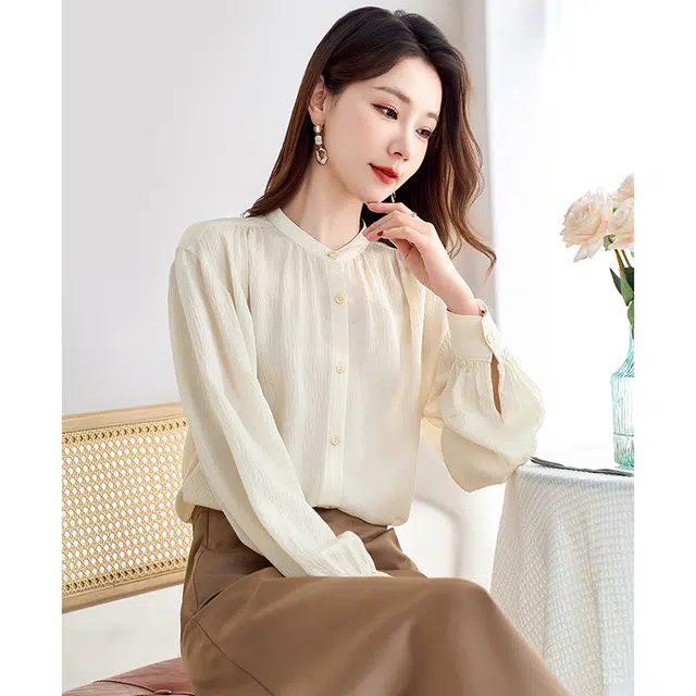 水墨佳人 通勤百搭时尚休闲长袖衬衫 女款 米白色