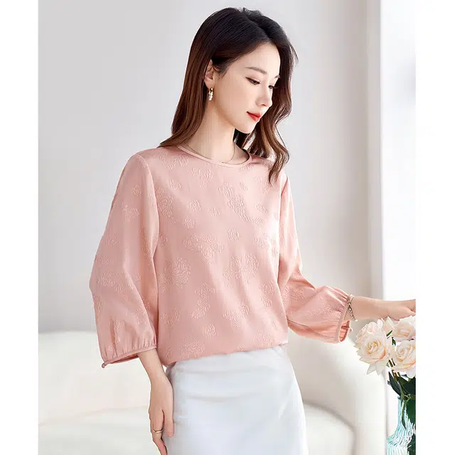 水墨佳人 提花圆领简约七分袖衬衫 女款 桃粉