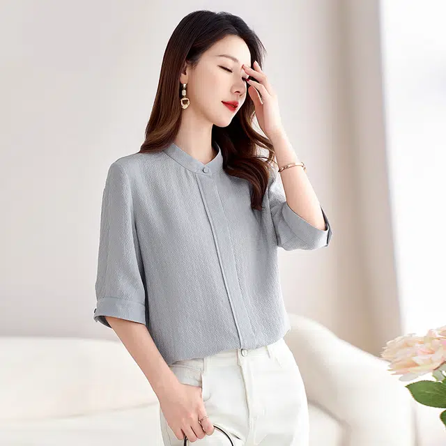 水墨佳人 纯色宽松立领短袖衬衫 女款 高级灰