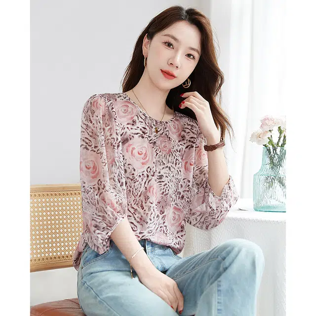 水墨佳人 圆领合身七分袖高级印花长袖衬衫 女款