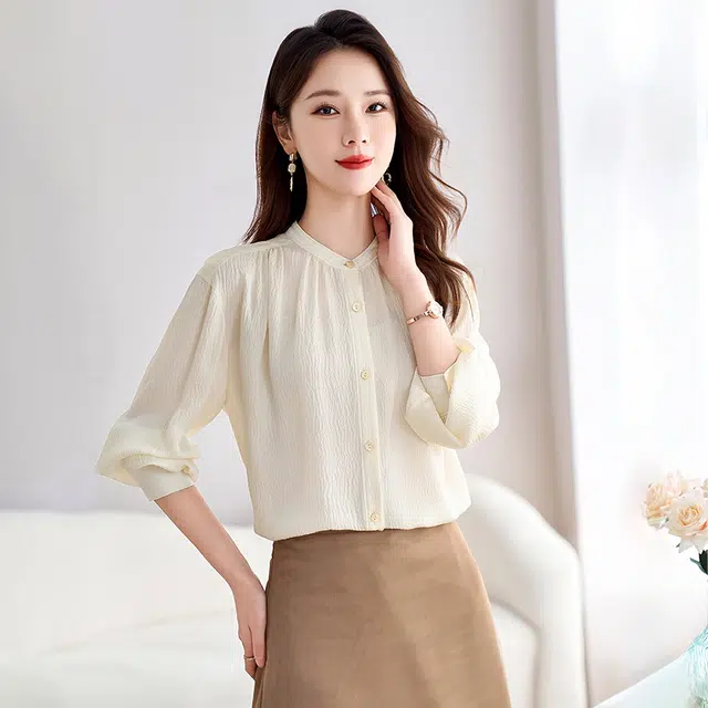 水墨佳人 通勤百搭时尚休闲长袖衬衫 女款 米白色