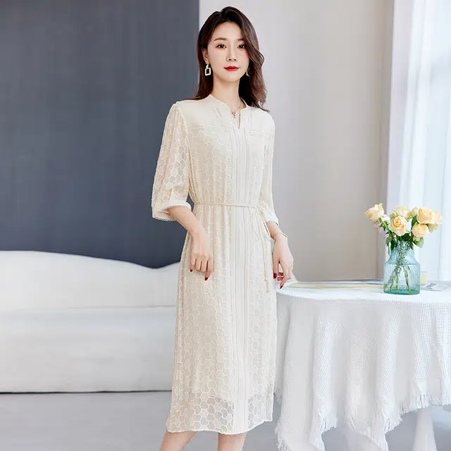 水墨佳人 桑蚕丝绣花时尚中长短袖连衣裙 女款