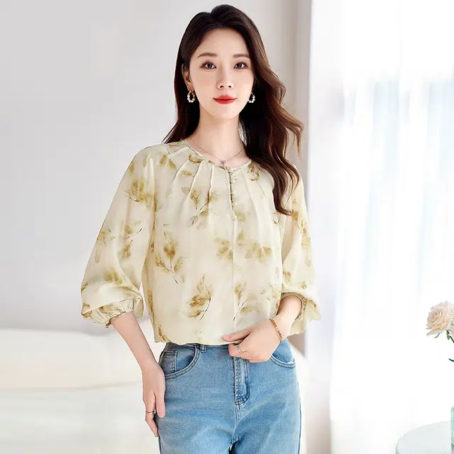 水墨佳人 真丝双绉灯笼长袖衬衫 女款 绿卡色