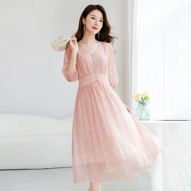 水墨佳人 气质简约舒适通勤五分袖短袖连衣裙 女款