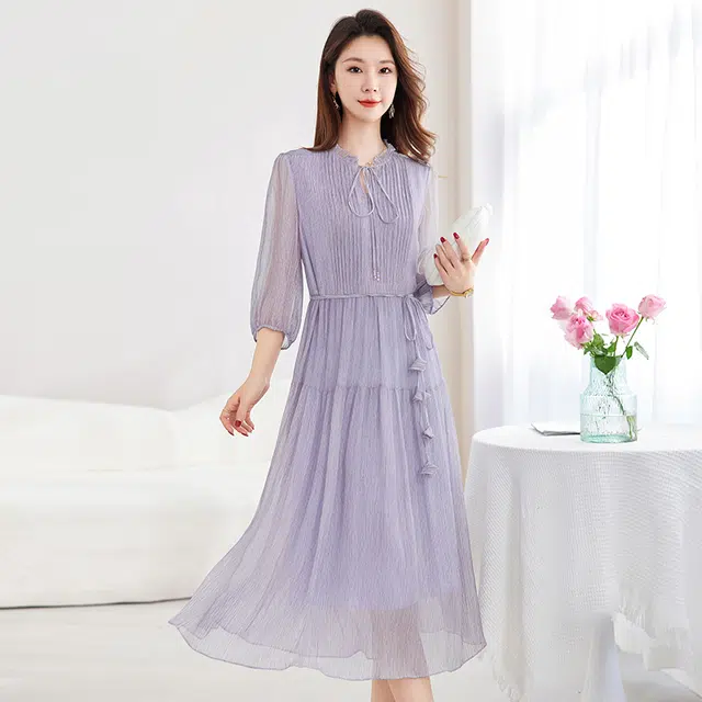 水墨佳人 简约舒适中长款通勤合身五分袖短袖连衣裙 女款