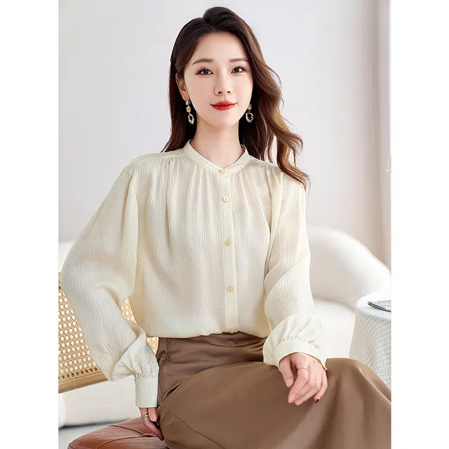 水墨佳人 通勤百搭时尚休闲长袖衬衫 女款 米白色