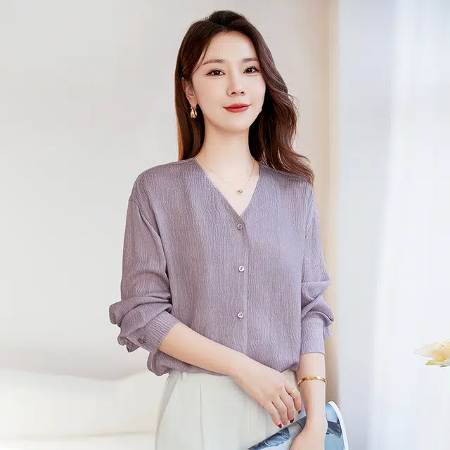 水墨佳人 桑蚕丝长袖泡泡绉衬衫 女款