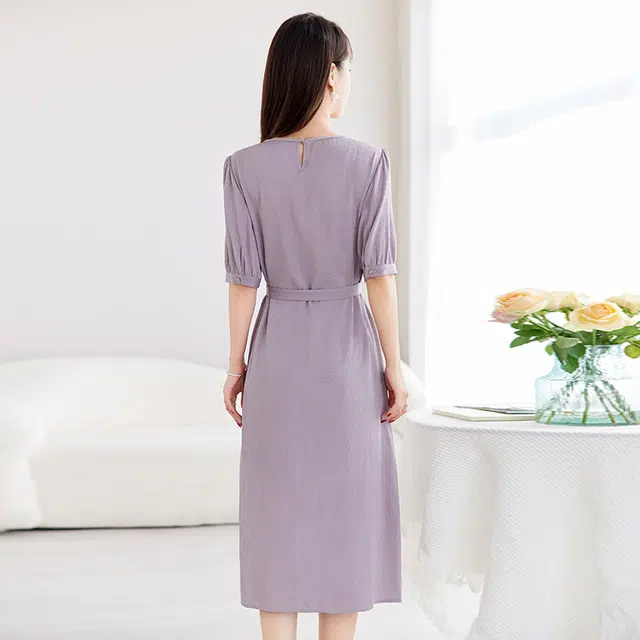 水墨佳人 圆领拼接收腰显瘦中长裙纯色短袖连衣裙 女款