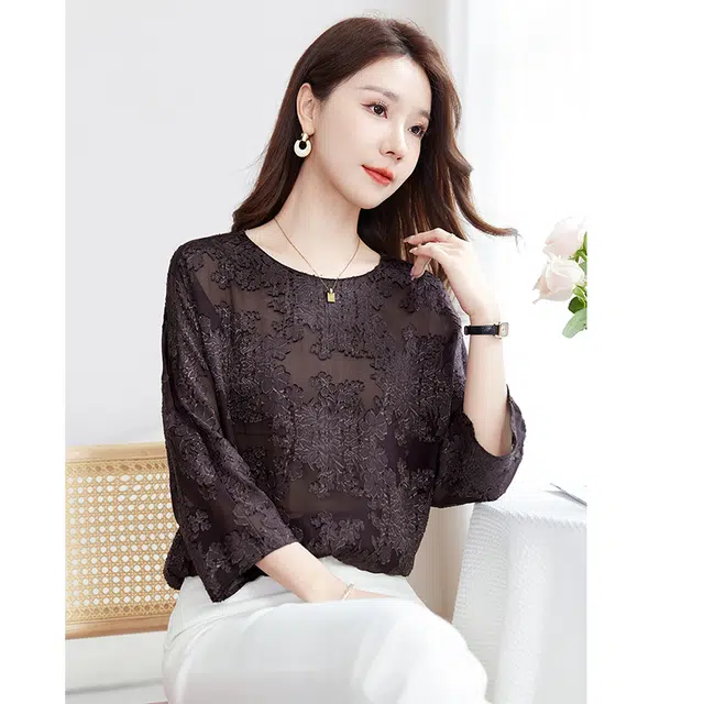 水墨佳人 提花真丝舒适百搭休闲上衣短袖衬衫 女款